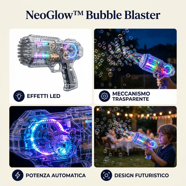 NeoGlow™ Bubble Blaster - Pistola Sparabolle Automatica Trasparente con LED 🫧🔦